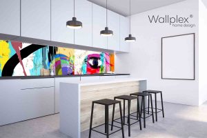 Gray and white wall kitchen corner with white countertops, a bar with stools and a frame vertical poster on the wall. 3d rendering mock up